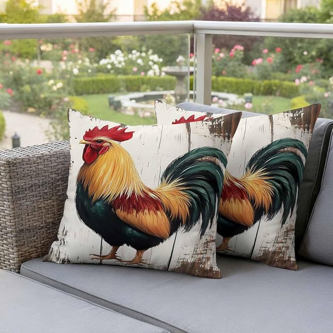 Vintage Rooster Outdoor Waterproof Throw Pillow Covers 20x20 Set of 2, Retro Farmhouse Rooster Watercolor Decorative Pillowcases Cushion Pillowcase for Couch Sofa Patio Outside Pillow Protector