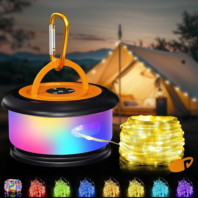 Camping String Lights, Retractable 32.8FT Rechargeable Fairy Light | Quick Storage RGB Flash Lamp Outdoor Waterproof, Portable Hanging Lantern for Outside Tent Patio Awning Garden RV Essentials