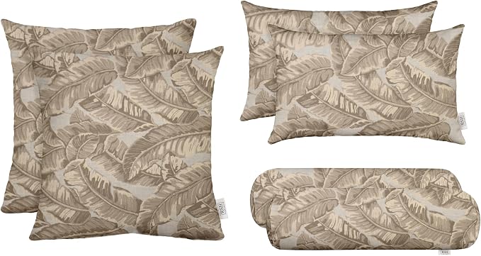 RSH DECOR: 6-Pack Pillow Set | Sunbrella Performance Fabric |Water & Fade-Resistant| 17" Square, 20"x12" Lumbar, 20"x6" Neck Roll | Outdoor Pillows for Patio | Made in USA (Tropics Linden Pebble)
