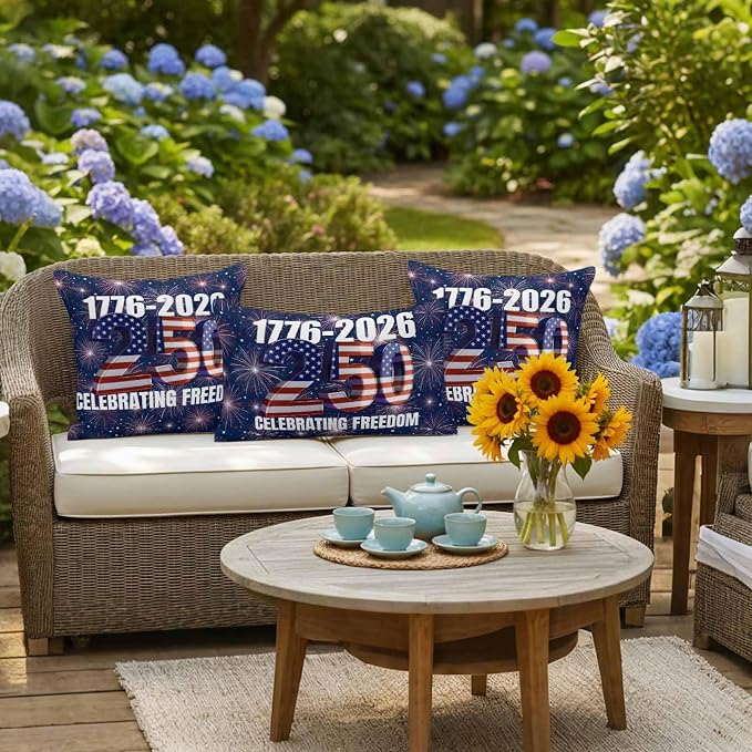 250 Anniversary USA Flag Outdoor Pillow Covers 20x20 Inch Throw Pillow Covers Set of 2 Waterproof Decorative Pillow Cases Blue American Flag 250 Fireworks Cushion Covers for Patio Furniture Garden