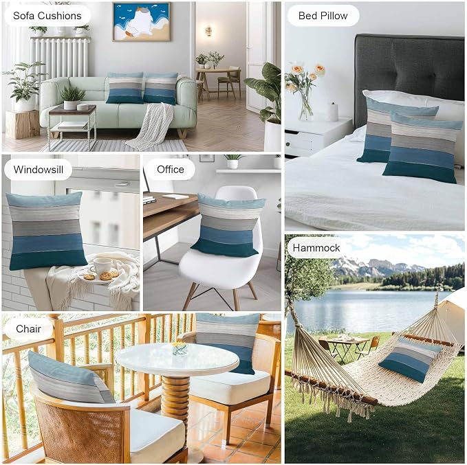 Outdoor Throw Pillow Covers 20X20 Set of 2 Waterproof Ombre Blue Gray Decorative Zippered Cushion Covers for Patio Furniture, Farmhouse Retro Rustic Barn Wood Texture Lumbar Pillowcases Ocean Hues