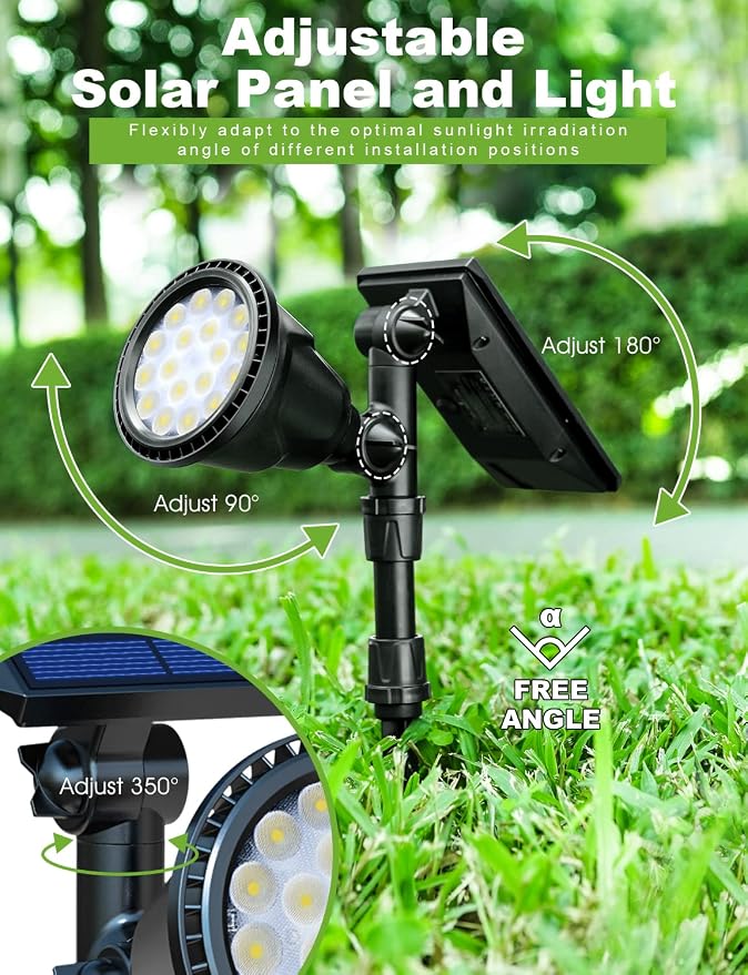 DBF Solar Lights Outdoor, 600LM Solar Spotlights Outdoor Waterproof, 2 Brightness Mode Adjustable 18 LED Flag Pole Light for Garden Yard Patio Landscape Driveway Garage Pool(Warm White, 2 Pack)