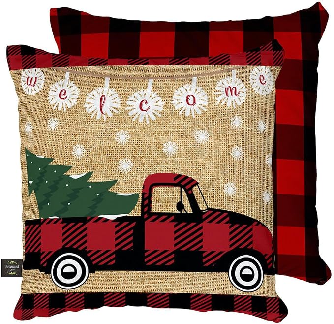 Briarwood Lane Indoor/Outdoor Pillow 17x17 Red Checkered Truck Christmas Decorative for Christmas Pillow