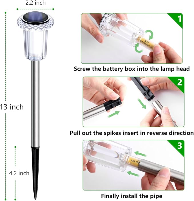 10 Pack Solar Pathway Lights Outdoor Waterproof, Cool White LED | Solar Lights Outdoor for Yard Garden Outside Walkway Driveway Landscape Lighting, Auto On/Off Stainless Steel Stake Lights