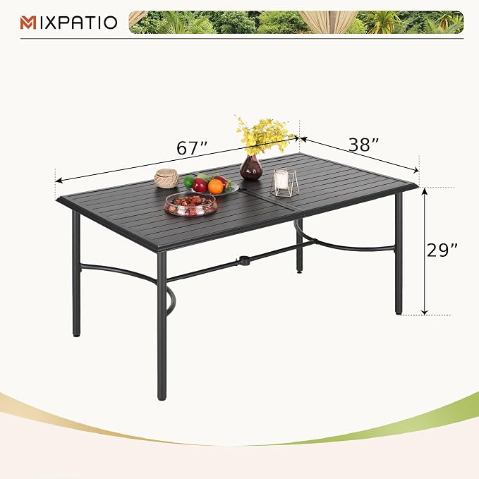 MIXPATIO Outdoor Patio Dining Table for 6, 67" x 38" Rectangular Metal Patio Dining Table with Umbrella Hole for Garden, Backyard and Porch