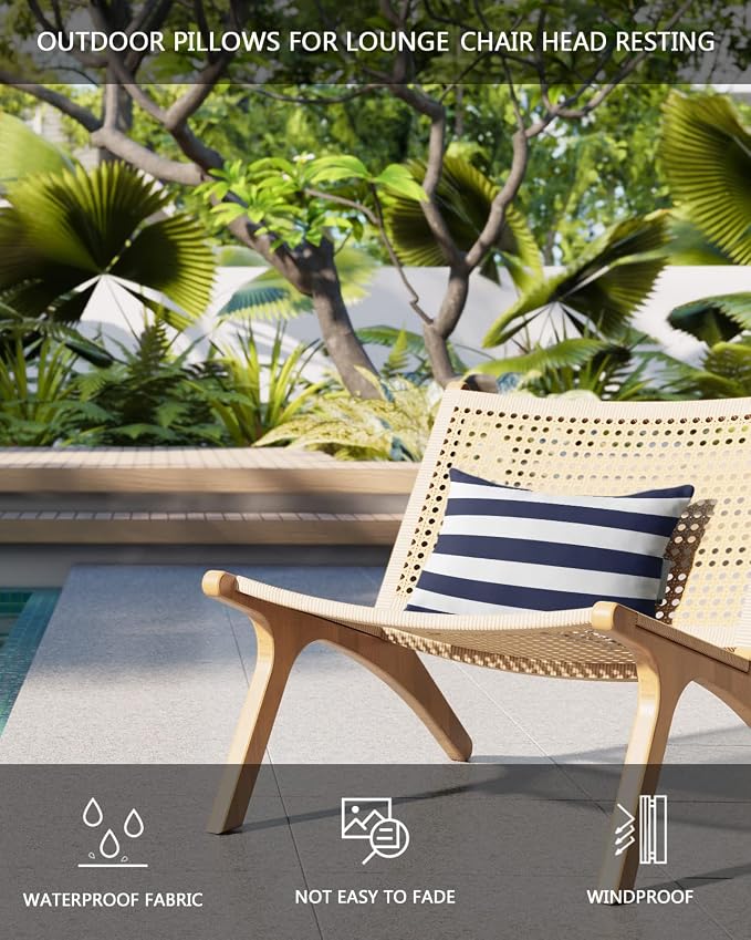 Recliner Head Pillow Lounge Chair Pillows with Insert Navy Blue White Stripe Lumbar Pillow with Adjustable Strap Outdoor Waterproof Patio Pillows for Couch Beach Pool Office Chair, 1PCS, 12x20in