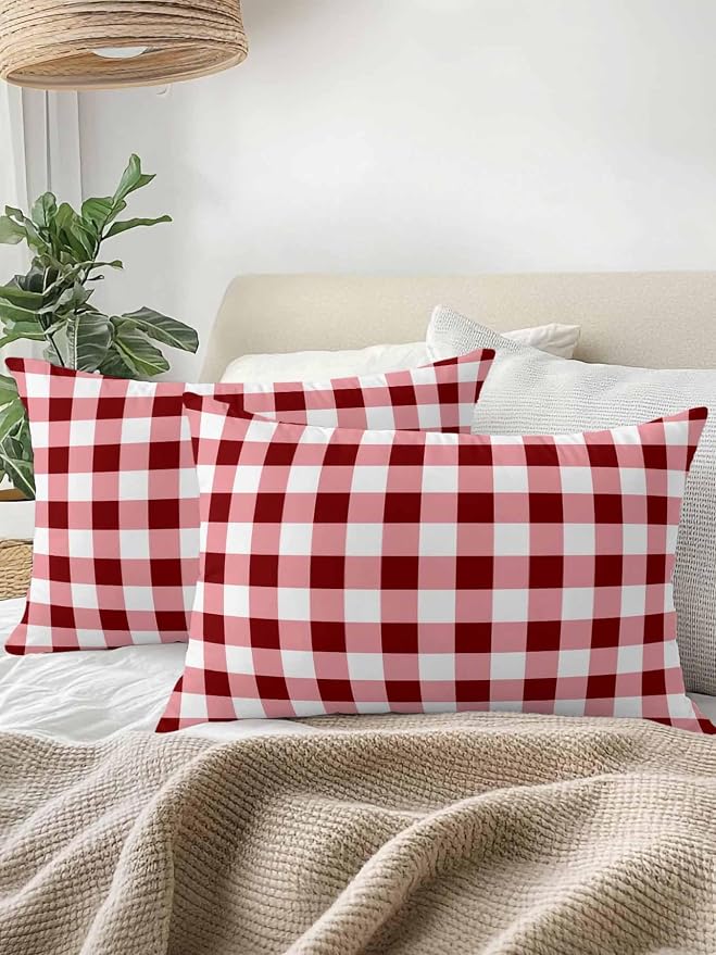 Waterproof Outdoor Pillow Set of 2 Red Check Buffalo Plaid Decorative Throw Pillows Cover & Insert 20x12 Inch Lumbar Pillowcase Check Lines Pillows for Couch Sofa Bed Patio Furniture Indoor Outdoor