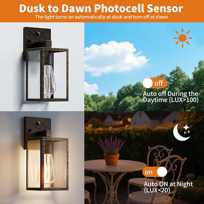 2 Pack Black Brush Gold Dusk to Dawn Exterior Lighting Fixtures Wall Mount, Sensor Outside Front Porch Lights for House, Outdoor Lantern Lamp, Wall Sconce Lights, Coach Light for Garage Entryway