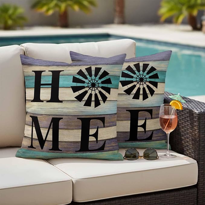 Outdoor Pillow Covers Set of 2, Farm Home Windmill Decorative Throw Pillow Covers 16X16IN, Farmhouse Vintage Wood Board Throw Pillows Protector Cushion Case for Patio,Couch,Sofa,Garden