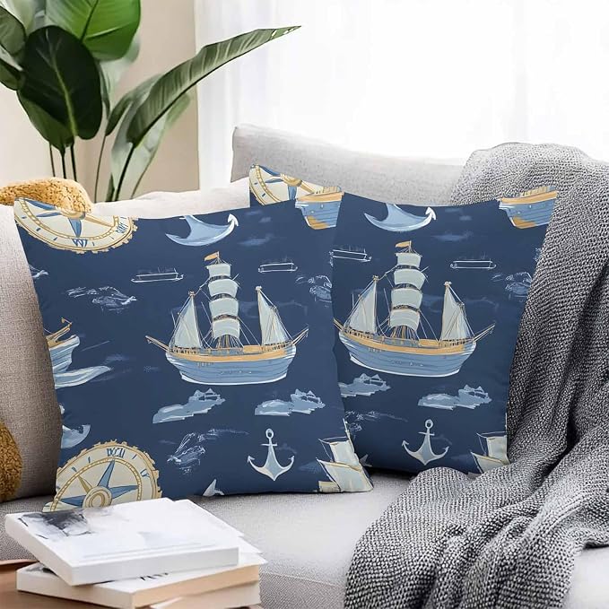 Coastal Boat on Navy Blue Outdoor Pillow Covers 16x16in Pack of 2 Waterproof Pillowcase Nautical Ocean Compass Anchor Decorative Throw Cushion Case for Patio Couch Sofa