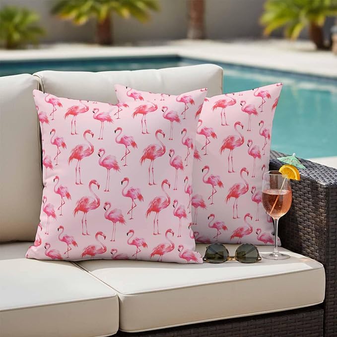 Pink Flamingo Outdoor Pillow Covers 18x18 Inch Throw Pillow Covers Set of 2 Waterproof Decorative Pillow Cases Summer Animals Cushion Covers for Patio Furniture Garden Couch Sofa