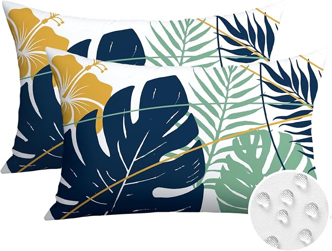 OTOSTAR Outdoor Waterproof Throw Pillow Covers 12x20 Inch Set of 2 Double-Sided Dark Blue Yellow Tropical Leaf and Flower Spring Summer Decorative Pillow Cases for Patio Funiture Garden Balcony Couch