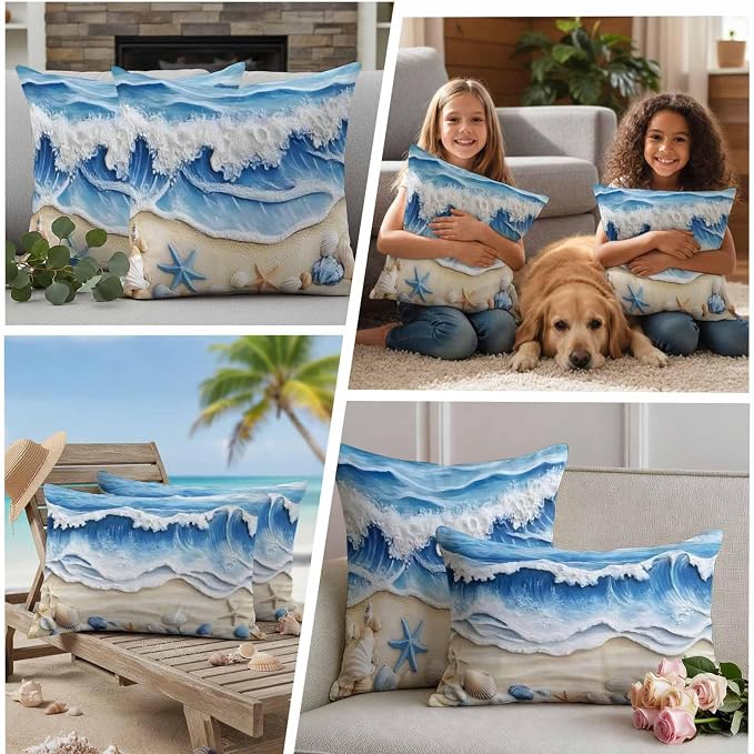 Summer Beach Outdoor Waterproof Throw Pillow Covers Set of 2, 26"x26", Seashell Starfish Nautical Coastal Decorative Pillow Covers Outside Cushion Case for Patio Porch Garden