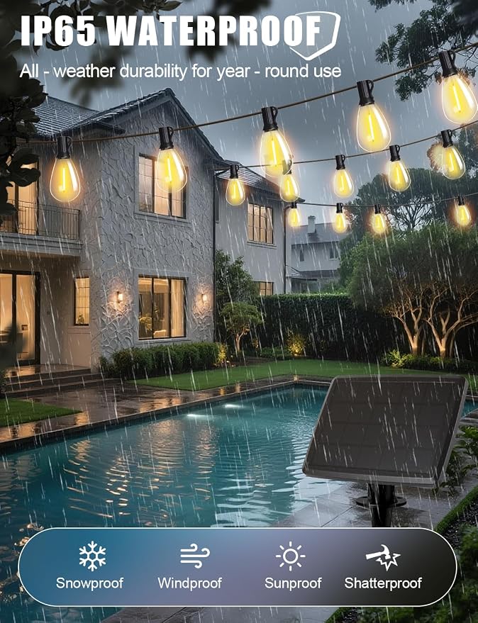 Likesky 50FT Solar String Lights Outdoor with Remote,18+1LED Shatterproof Bulbs & USB Port, Waterproof 3 Modes Dimmable Solar Lights for Backyard, Patio, Camping