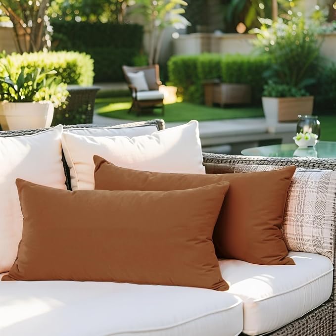SK Studio Outdoor Water Resistant Throw Pillows, Decorative Patio Lumbar Cushions, Fluffy Furniture Garden Cushions for Home Patio Coach Sofa Use, Pack of 2, Coffee, 18x18 Inch