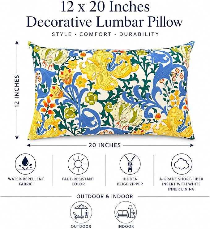 Pack of 2 Patio Lumbar Pillows 12"x20" | Fade Resistant Outdoor Waterproof Lumbar Pillow with Inners Decorative Garden Lumbar Cushions for Home Patio Terrace Sofa