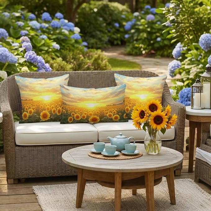 Yellow Sunflowers Waterproof Outdoor Pillow Covers Set of 2 Home Decor, Farmhouse Botanical Floral Sunset Pillowcase Patio Pillow Covers for Couch Bench Furniture Garden 20x20in
