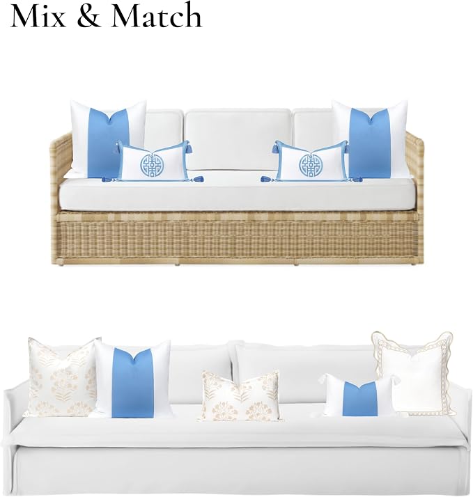 Hofdeco Premium Coastal Hampton Patio Indoor Outdoor Throw Pillow Cover Only, 20"x20" Water Repellent for Backyard, Couch, Poolside, Azure Blue Print Color Block