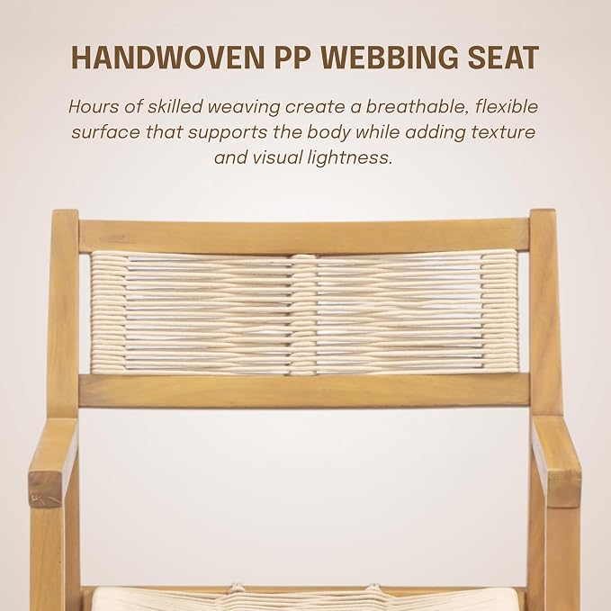 NTC Terra Set of 2 Solid Wood Armchairs with Handwoven Rope Seat & Back, Indoor & Outdoor Dining Chairs for Patio Dining Sets, Modern Patio Chairs with Arms, Easy Assembly, Natural