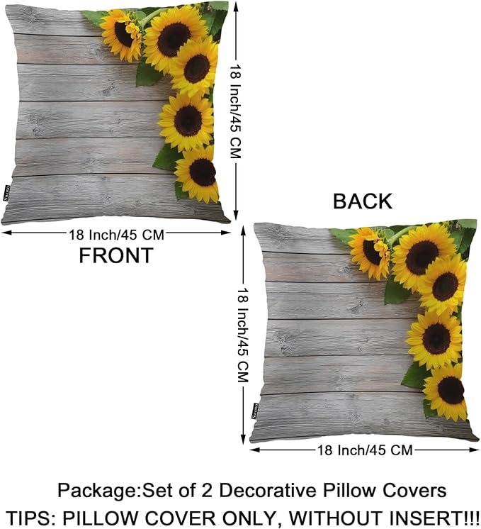 Swono Decorative Square Pillow Covers 18x18 Inch Sunflowers, Blossom Sunflowers Retro Wooden Polyester Pillow Case Set of 2, Soft Cushion Cover Pillowcases for Home Bedroom Couch Sofa Armchair