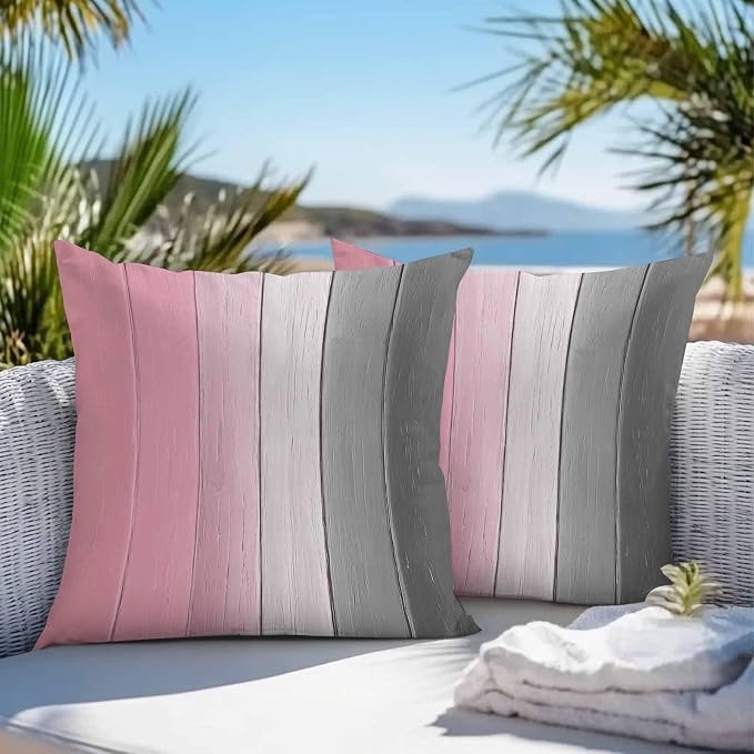 Throw Pillow Covers 24x24 Inch Set of 2, Pink Gray Ombre Waterproof Outdoor Cushion Covers, Vintage Country Wooden Decorative Pillowcases for Couch, Sofa, Bed, Garden, Patio
