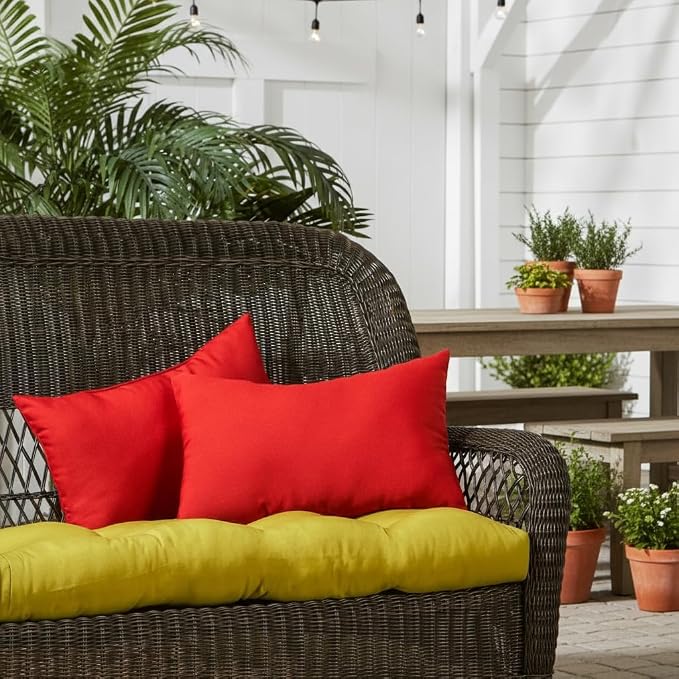 Set of 2 Outdoor Throw Pillows 19 x 12 Inch – Reversible Rectangle Patio Accent Pillows – Weather-Resistant Polyester Fabric – Eco-Friendly Recycled Polyfiber Fill – Salsa Red