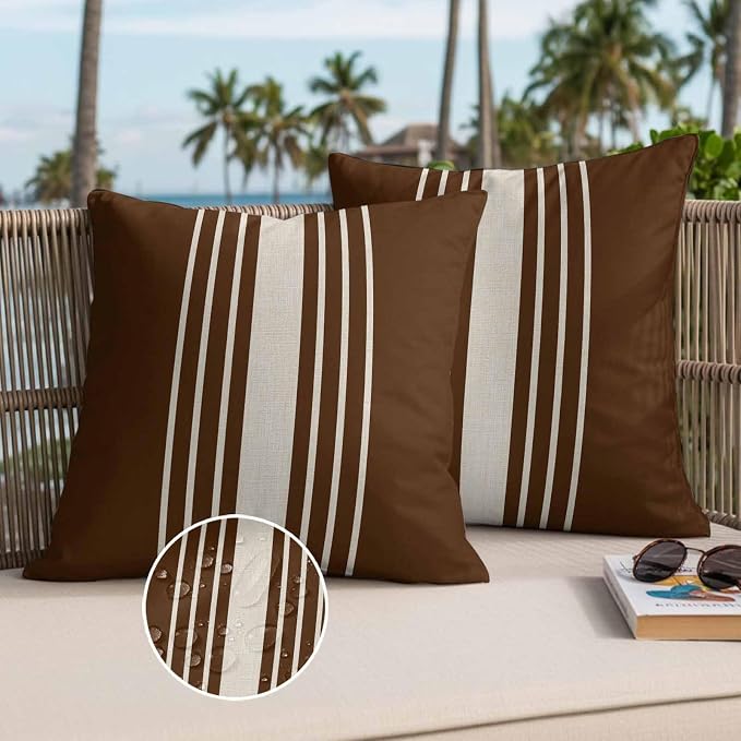 Throw Pillow Covers 18x18 Inch Set of 2, Brown Beige Striped Waterproof Outdoor Cushion Covers, Modern Farmhouse Retro Lines Decorative Pillowcases for Couch, Sofa, Bed, Garden, Patio