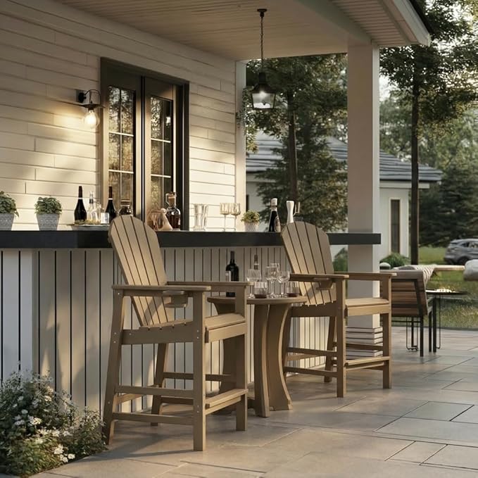 WILLIAMSPACE Patio Bar Chair Bar Stool, Outdoor All Weather HDPE Height Adirondack Chair with Armrests & Cup Holder, 1-Piece Counter Height Chair for Pool, Garden, Kitchen, ONLY 1 Chair (Brown)