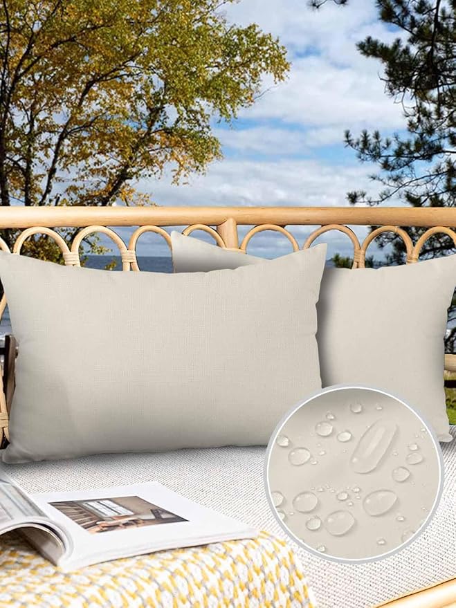 Outdoor Waterproof Throw Pillow Covers Set of 2 Cream Lumbar Pillowcases 20x12 Inches Solid Color Patio Decorative Pillows Cushion Case Patio Pillows for Couch Bed Chair Garden