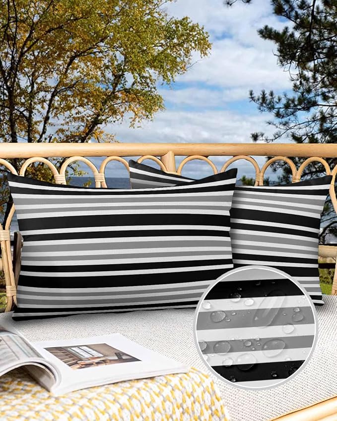 Outdoor Waterproof Throw Pillows Classic Gray Black Striped Patio Pillows,Decorative Pillow Covers with Insert,Pillow Cushion Case for Garden Couch Sofa Minimalist Lines