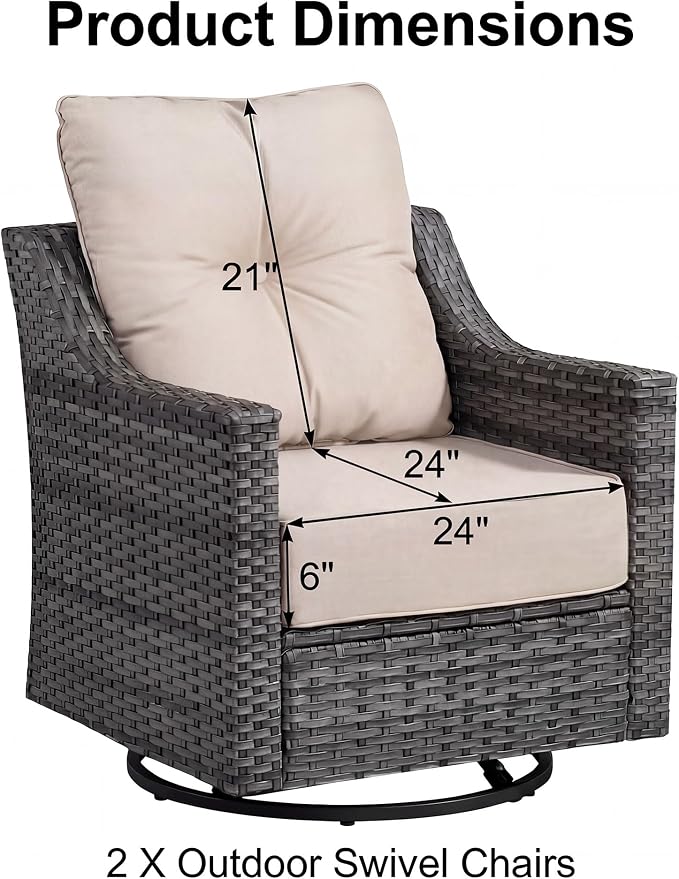 7 Piece Patio Furniture Set with 6" Thick Cushions, Weather-Resistant Wicker Swivel Rocker High Back Chairs and Fire Pit Table for Porch Yard Deck