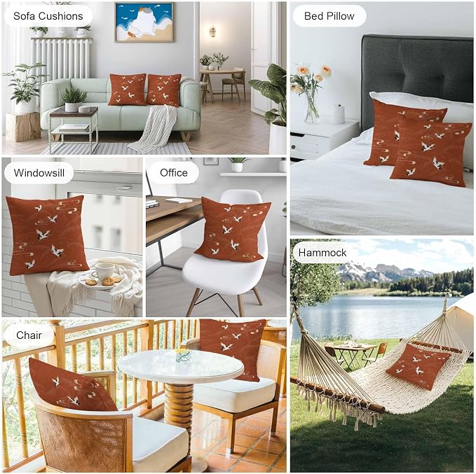 Japanese Style Outdoor Pillow Covers 16x16 Inch Throw Pillow Covers Set of 2 Waterproof Decorative Pillow Cases Vintage Art Cranes Ocean Wave Red Cushion Covers for Patio Furniture Garden Couch Sofa