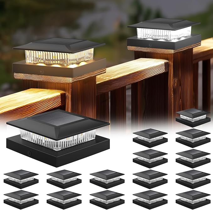16 Pack Solar Post Cap Lights 4x4, Dual-Color Waterproof Fence Post Solar Lights, Fits 4x4 Vinyl or 3.5x3.5 Wood Posts, Dusk to Dawn Outdoor Lighting for Deck, Garden & Porch Decor, Black