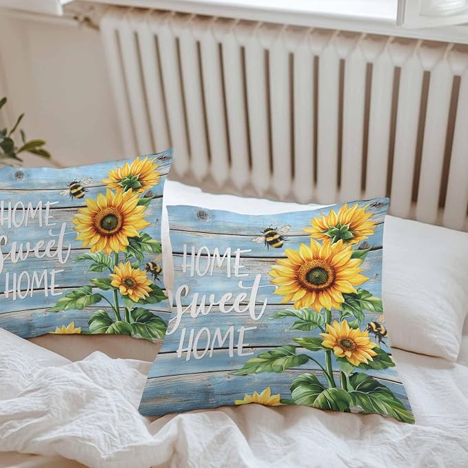 Throw Pillow Covers 16x16 Inch Set of 2, Spring Sunflower Waterproof Outdoor Pillow Covers, Bee Wooden Grain Country Rustic Decorative Cushion Pillowcases for Couch, Sofa, Bed, Garden, Patio