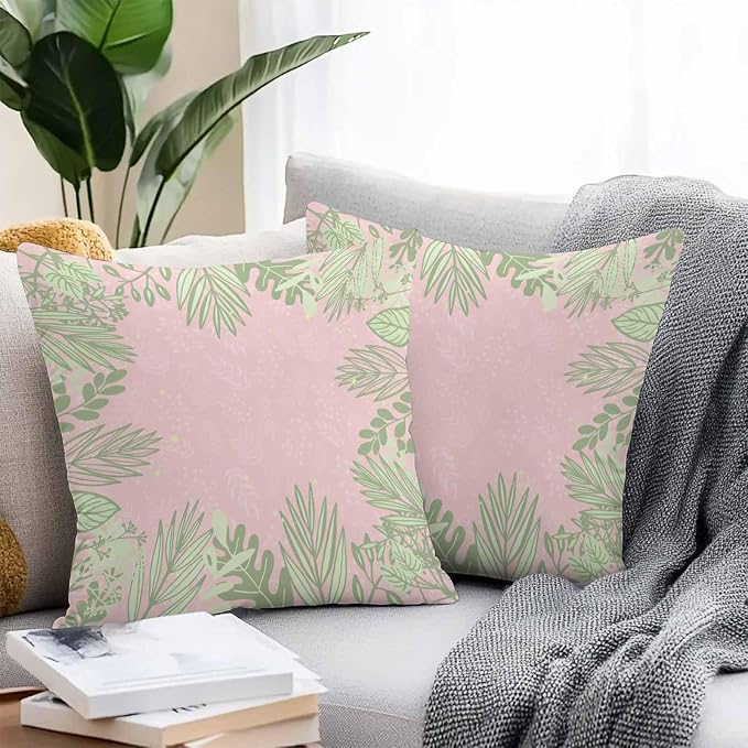 Vandarllin Outdoor Throw Pillows Covers 18x18 inch Set of 2 Waterproof Sage Green Leaves Decorative Zippered Cushion Covers for Patio Furniture, Spring Floral Plants Pink Lumbar Pillowcases