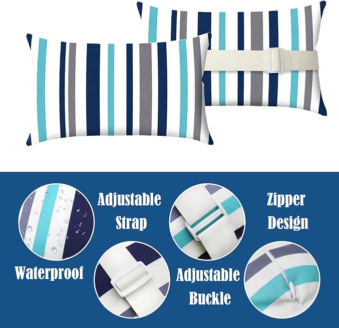 Chaise Lounge Head Pillow Oudoor Patio Pillow with Elastic Strap | 2 Pack Water Resistant Headrest Pillows for Recliner, Beach Chair, Office Chair, Stripes