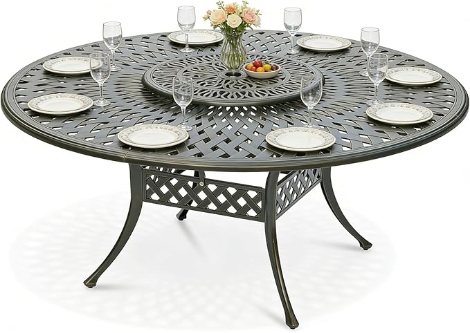 MEETWARM Outdoor 61" Large Patio Round Dining Table for 6-8 Person, All Weather Cast Aluminum Patio Dining Table with 24" Lazy Susan Turntable, Umbrella Hole for Balcony, Porch and Deck