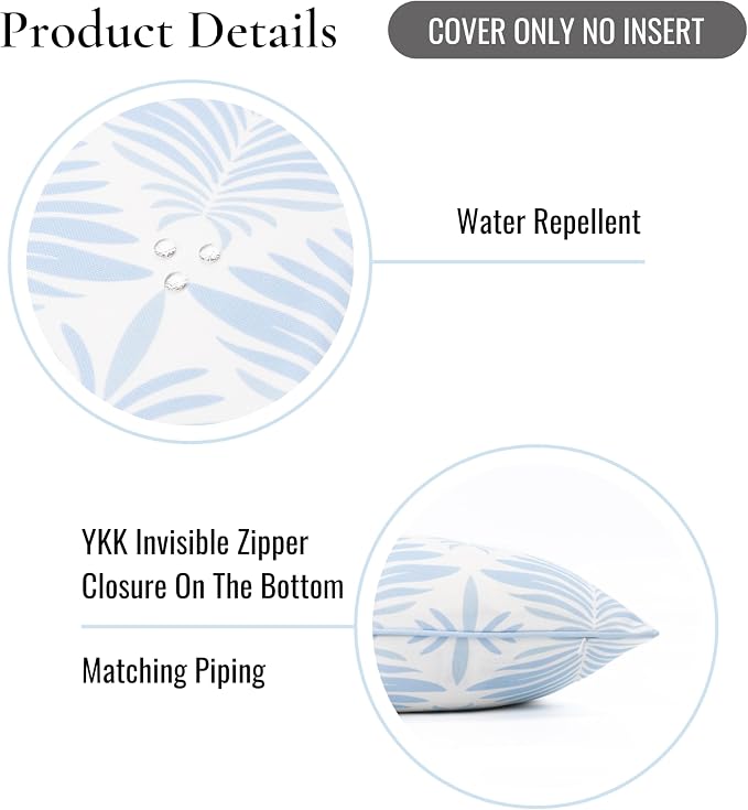 Hofdeco Premium Grandmillennial Coastal Hampton Patio Indoor Outdoor Lumbar Pillow Cover Only, 12"x20" Water Repellent for Backyard, Couch, Poolside, Baby Blue Print Abstract Plam Leaves