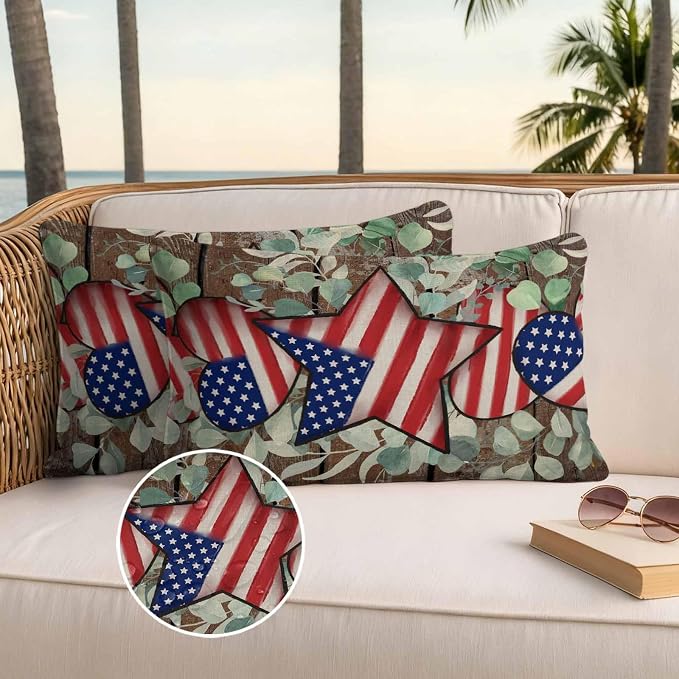 4th of July Waterproof Outdoor Pillow Covers Set of 2 Home Decor, Vintage Eucalyptus Leaf Stars Stripes Flag Pillowcase Patio Pillow Covers for Couch Bench Furniture Garden 20x12in