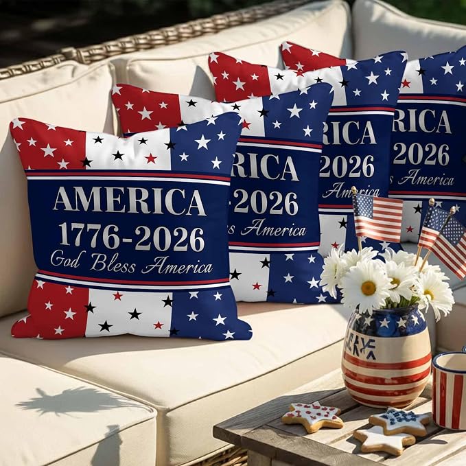 America 250th Anniversary Outdoor Pillow Covers 20"x20" Set of 2, God Bless America Patriotic Star Strip Waterproof Throw Pillow Covers for Patio Furniture, Decorative Cushion Covers for Porch