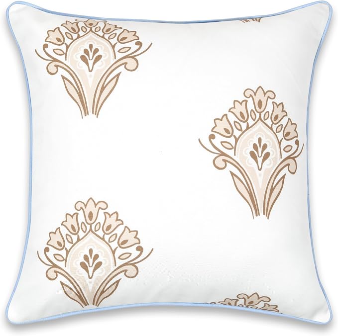 Hofdeco Premium Coastal Patio Indoor Outdoor Throw Pillow Cover Only, 20"x20" Water Repellent for Backyard, Couch, Baby Blue Tan Floral with Piping