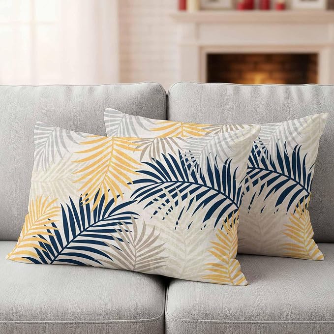Outdoor Waterproof Throw Pillow Covers, Blue Yellow Palm Leaves Decorative Pillow Cases, Summer Botanical Tropical Leaf Couch Pillow Protector Patio Sofa Cushion Covers Replacement 20"x12" 2 Pack