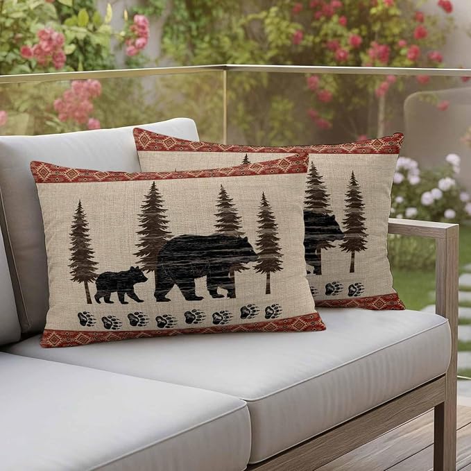 Bear Outdoor Waterproof Throw Pillow Covers 20 x 12 Inches Set of 2 Pine Forest Nature Bear Nature Vintage Boho Decorative Cushion Cover Pillowcase for Garden Patio Tent Beach Livingroom Sofa Couch