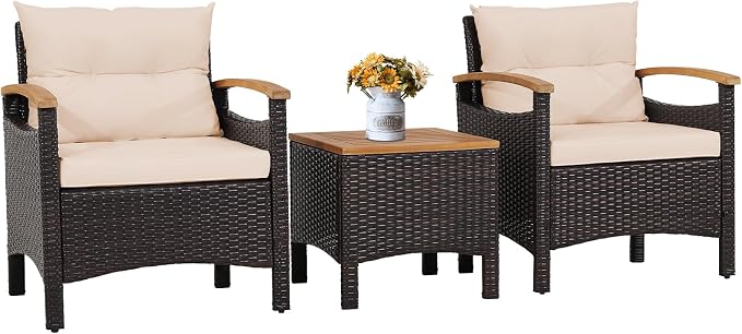 HAPPYGRILL 3 Pieces Patio Rattan Conversation Set, Outdoor PE Wicker Furniture Set with Coffee Table, Soft Seat Cushions & Throw Pillows, Acacia Wood Sofa Set for Patio Courtyard Poolside, Beige