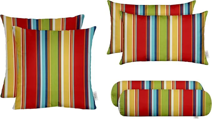 RSH DECOR Set of 6 Outdoor Pillow, Outdoor Pillows for Patio, Pillows w/Polyester Pillow Cases | Water Resistant Fabric | 17" Square, 20x12 Lumbar, 20x6 Neck Roll - Bright Colorful Garden Red Stripe