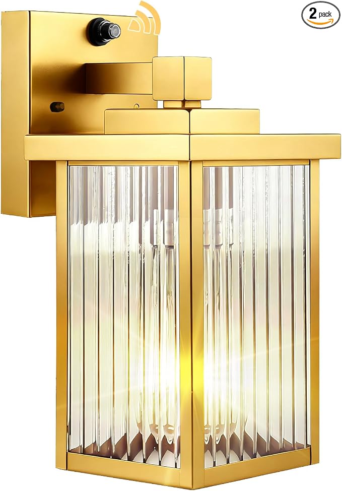 Gold Dusk to Dawn Wall Mount Porch Lights, Exterior Light Fixtures | Auto On and Off, Anti-Rust Metal Frame, Tempered Glass, E26 Socket, Easy DIY Install on Porch, Garage