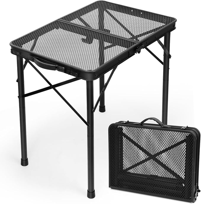 2Ft Small Folding Table with Carry Handle, Camping Table Adjustable Height 10.6–22 in, Black Metal Mesh, Portable & Compact for Outdoor/Indoor,Grill Table, 23.6×15.8 in, 4 lb, 66 lb Capacity