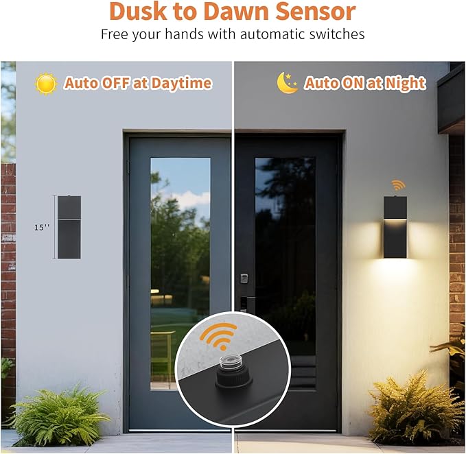 15'' Modern LED Outdoor Wall Sconce, Black Dusk to Dawn Wall Lights | Auto ON-OFF, Waterproof Exterior House Lights, Hardwired Front Porch Light Fixtures, Metal, 3000K, 2 Pack, Easy to Install