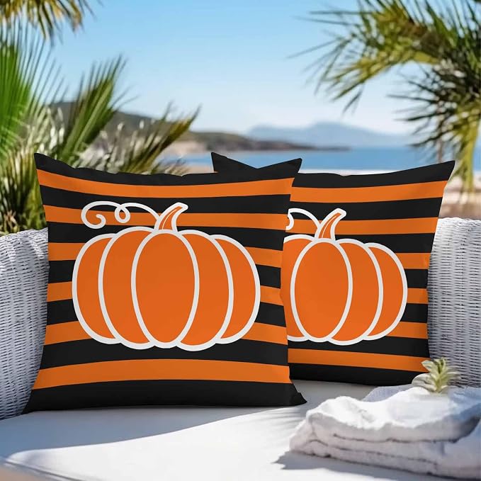 Orange Pumpkins Outdoor Waterproof Pillow Covers, Autumn Black Stripes Farmhouse Decorative Square Throw Pillowcase Sofa Cushion Sham for Patio/Couch/Chair, 18"x18" 2 Pack