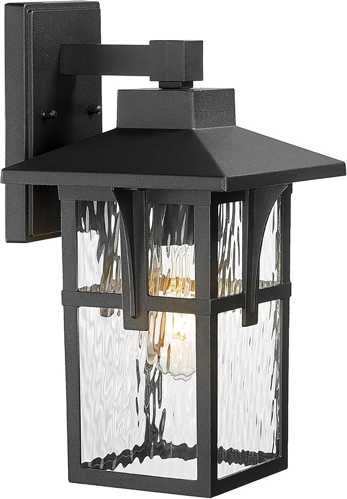 HWH INVESTMENT Outdoor Wall Lights, HWW Exterior Wall Lantern with Water Ripple Glass, Waterproof Porch Light Fixtures for Patio, Hallway, Matte Black, HX1B-SW BK (Large)
